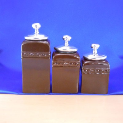 60001BRN-PKNOB-SIL-CERAMIC CANISTER SET BROWN W/ PLAIN KNOB SILVER LIDS